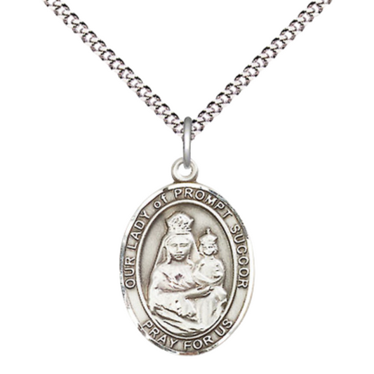 Everlasting Light Jewelry Medium Women's Pewter Our Lady of Prompt Succor Pendant Necklace on 18-inch Rhodium-Plated Lite Curb Brass Chain – Patron Saint of New Orleans, LA – Velvet Gift Box Included