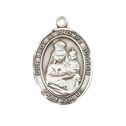 Medium Mens Oval .925 Sterling Silver Our Lady of Prompt Succor Medal Pendant on 24 Inch Rhodium Plated Heavy Curb Brass Chain w/ Lobster Claw Clasp, Catholic Religious Necklace - Made in USA- Gift Boxed