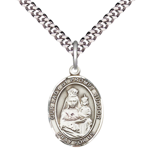 Medium Mens Oval .925 Sterling Silver Our Lady of Prompt Succor Medal Pendant on 24 Inch Rhodium Plated Heavy Curb Brass Chain w/ Lobster Claw Clasp, Catholic Religious Necklace - Made in USA- Gift Boxed