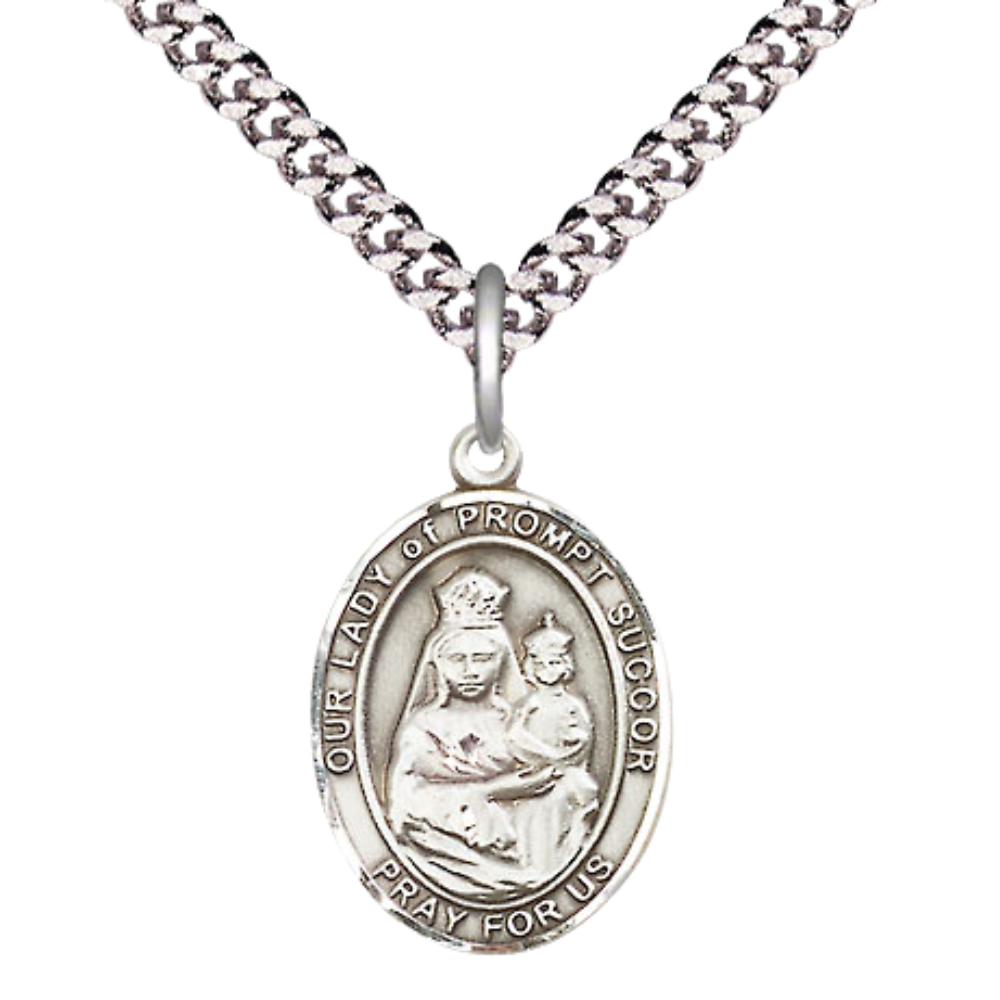 Medium Men's Pewter Our Lady of Prompt Succor Medal Pendant on 24 Inch Endless Rhodium Plated Heavy Curb Brass Chain, Catholic Religious Necklace -Made in USA- Deluxe Velvet Gift Box
