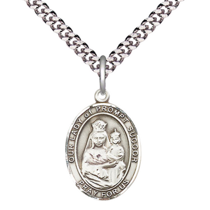 Mens Medium Oval Pewter Our Lady of Prompt Succor Medal Pendant on 24 Inch Rhodium Plated Heavy Curb Brass Chain w/ Lobster Claw Clasp, Catholic Religious Necklace - Made in USA- Velvet Gift Box