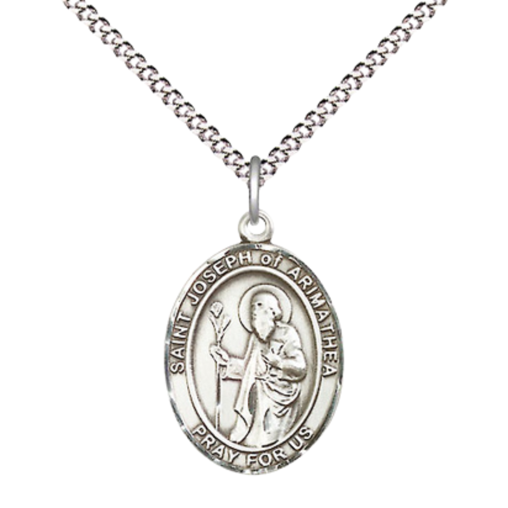Everlasting Light Jewelry Medium Women's Pewter Saint Joseph of Arimathea Pendant Necklace on 18-inch Rhodium-Plated Lite Curb Brass Chain – Funeral Directors Patron Saint Medal – Velvet Gift Box Included