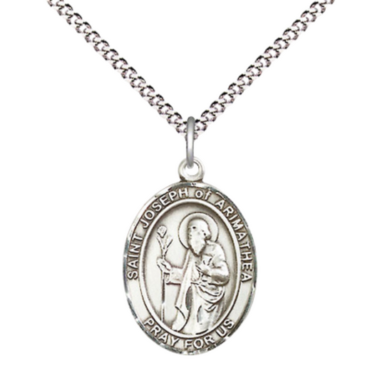 Everlasting Light Jewelry Medium Women's Pewter Saint Joseph of Arimathea Pendant Necklace on 18-inch Rhodium-Plated Lite Curb Brass Chain – Funeral Directors Patron Saint Medal – Velvet Gift Box Included