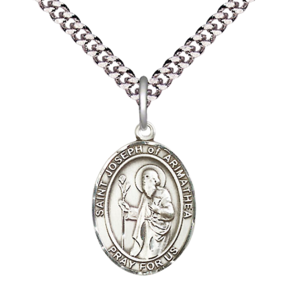 Medium Men's .925 Sterling Silver Saint St. Joseph of Arimathea Medal Pendant on 24 Inch Endless Rhodium Plated Heavy Curb Brass Chain, Catholic Religious Necklace - Made in USA- Deluxe Velvet Gift Box