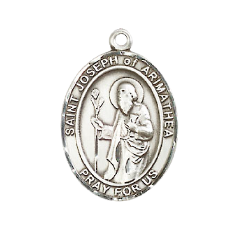 Medium Men's .925 Sterling Silver Saint St. Joseph of Arimathea Medal Pendant on 24 Inch Endless Rhodium Plated Heavy Curb Brass Chain, Catholic Religious Necklace - Made in USA- Deluxe Velvet Gift Box
