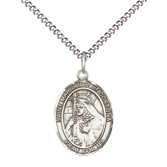 Medium Women's Sterling Silver Saint Margaret of Cortona Pendant Necklace on 18-inch Rhodium-Plated Lite Curb Brass Chain – Patron Saint of Midwives and the Homeless – Velvet Gift Box Included