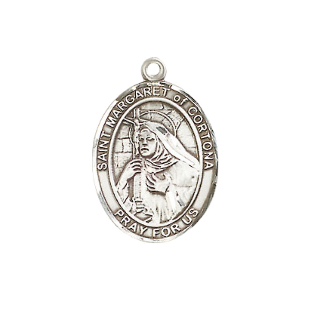 Medium Women's Pewter Saint St. Margaret of Cortona Pendant Necklace on 18- inch Rhodium- Plated Lite Curb Brass Chain – Midwives and Homeless Patron Saint St. Medal, Catholic Medal – Velvet Gift Box Included