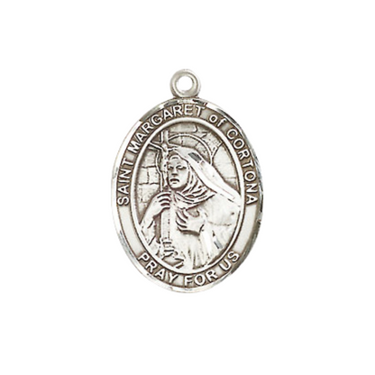 Medium Women's Sterling Silver Saint Margaret of Cortona Pendant Necklace on 18-inch Rhodium-Plated Lite Curb Brass Chain – Patron Saint of Midwives and the Homeless – Velvet Gift Box Included