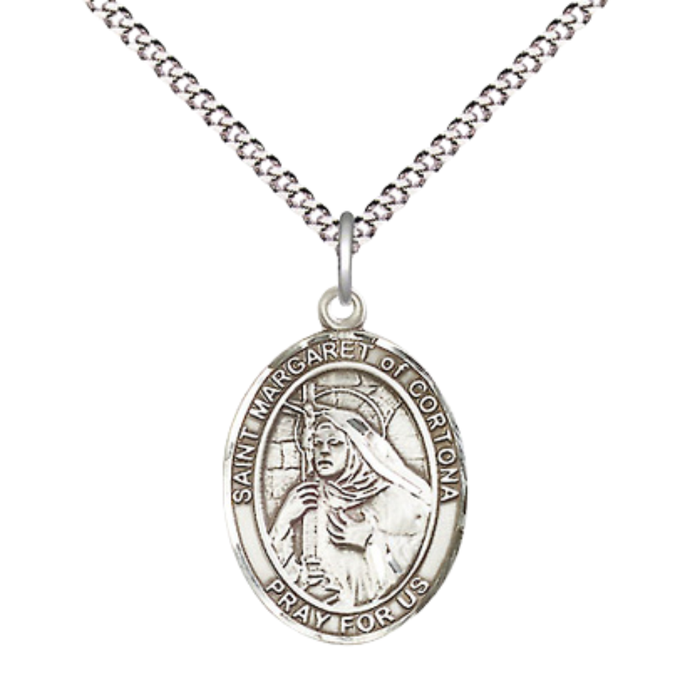 Medium Women's Pewter Saint St. Margaret of Cortona Pendant Necklace on 18- inch Rhodium- Plated Lite Curb Brass Chain – Midwives and Homeless Patron Saint St. Medal, Catholic Medal – Velvet Gift Box Included
