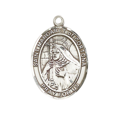 Medium Mens Oval .925 Sterling Silver Saint St. Margaret of Cortona Medal Pendant on 24 Inch Rhodium Plated Heavy Curb Brass Chain w/ Lobster Claw Clasp, Catholic Religious Necklace - Made in USA- Gift Boxed