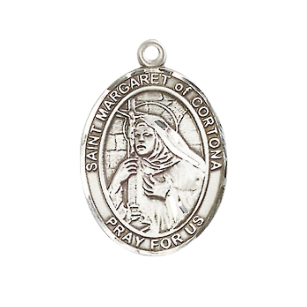 Medium Men's Pewter Saint St. Margaret of Cortona Medal Pendant on 24 Inch Endless Rhodium Plated Heavy Curb Brass Chain, Catholic Religious Necklace - Made in USA- Deluxe Velvet Gift Box