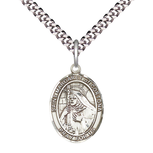 Medium Men's Pewter Saint St. Margaret of Cortona Medal Pendant on 24 Inch Endless Rhodium Plated Heavy Curb Brass Chain, Catholic Religious Necklace - Made in USA- Deluxe Velvet Gift Box