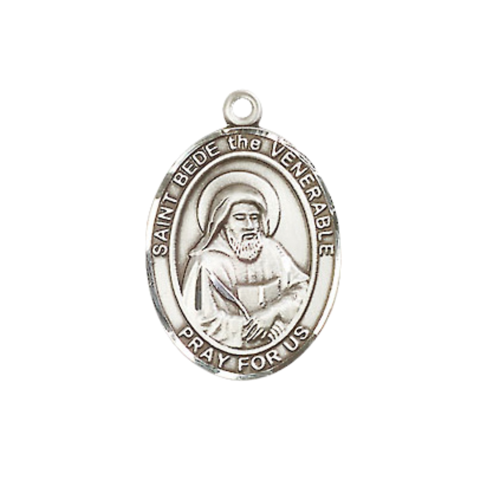 Everlasting Light Jewelry Medium Women's Pewter Saint St. Bede the Venerable Pendant Necklace on 18- inch Rhodium- Plated Lite Curb Brass Chain – Patron Saint St. of Lectors Medal, Catholic Medal – Velvet Gift Box Included
