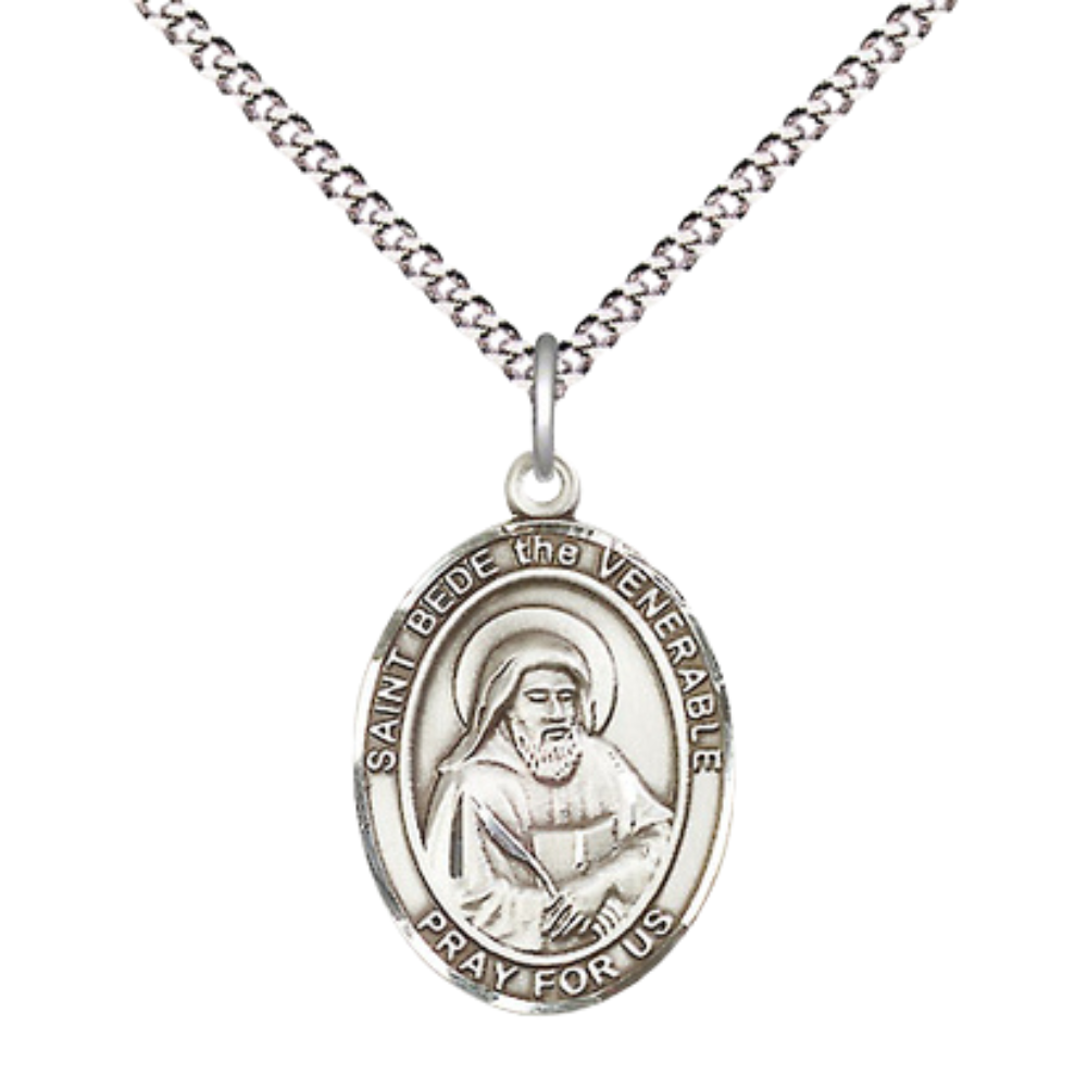 Everlasting Light Jewelry Medium Women's .925 Sterling Silver Saint St. Bede the Venerable Pendant Necklace on 18- inch Rhodium- Plated Lite Curb Brass Chain – Patron Saint St. of Lectors, Catholic Medal – Velvet Gift Box Included