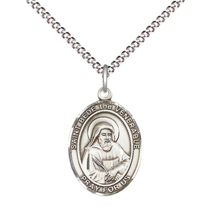 Everlasting Light Jewelry Medium Women's .925 Sterling Silver Saint St. Bede the Venerable Pendant Necklace on 18- inch Rhodium- Plated Lite Curb Brass Chain – Patron Saint St. of Lectors, Catholic Medal – Velvet Gift Box Included