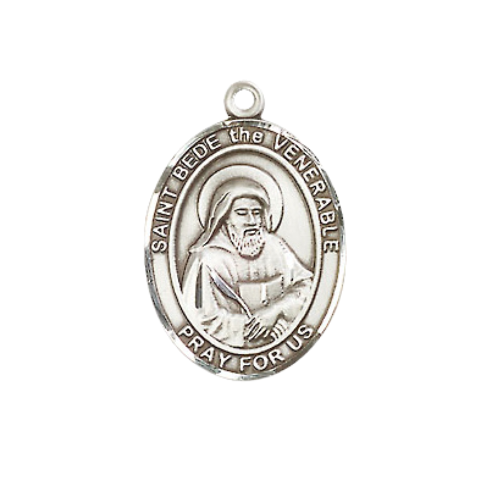 Mens Medium Oval Pewter Saint St. Bede the Venerable Medal Pendant on 24 Inch Rhodium Plated Heavy Curb Brass Chain w/ Lobster Claw Clasp, Catholic Religious Necklace - Made in USA- Velvet Gift Box