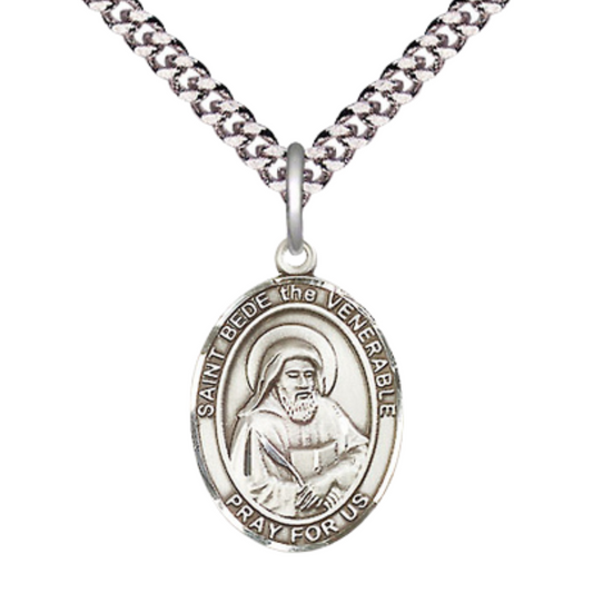 Medium Mens Oval .925 Sterling Silver Saint St. Bede the Venerable Medal Pendant on 24 Inch Rhodium Plated Heavy Curb Brass Chain w/ Lobster Claw Clasp, Catholic Religious Necklace - Made in USA- Velvet Gift Box