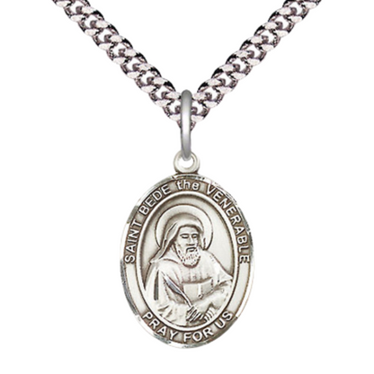 Medium Men's .925 Sterling Silver Saint St. Bede the Venerable Medal Pendant on 24 Inch Endless Rhodium Plated Heavy Curb Brass Chain, Catholic Religious Necklace - Made in USA- Deluxe Velvet Gift Box