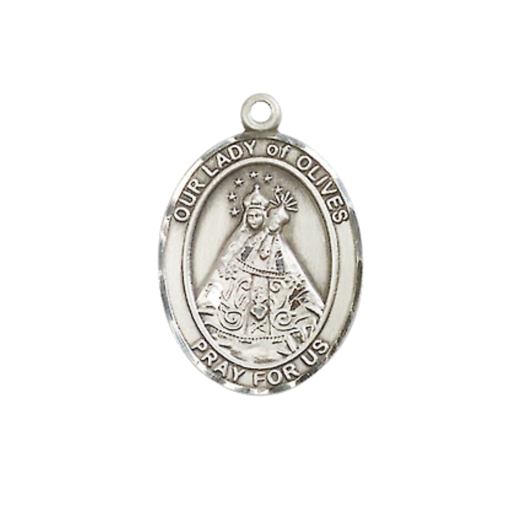 Everlasting Light Jewelry Medium Women's Sterling Silver Our Lady of Olives Pendant Necklace on 18-inch Rhodium-Plated Lite Curb Brass Chain – Devotional Catholic Medal – Velvet Gift Box Included