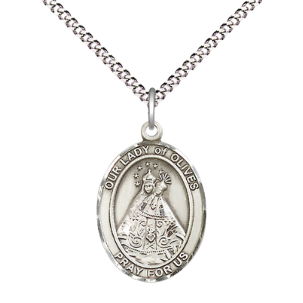 Everlasting Light Jewelry Medium Women's Sterling Silver Our Lady of Olives Pendant Necklace on 18-inch Rhodium-Plated Lite Curb Brass Chain – Devotional Catholic Medal – Velvet Gift Box Included