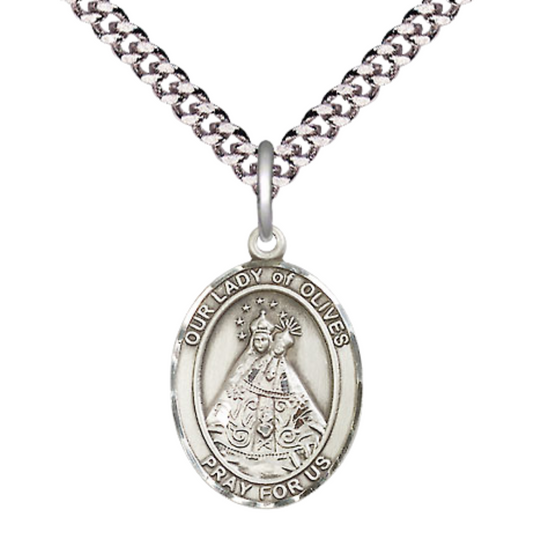 Everlasting Light Jewelry Medium Men's Pewter Our Lady of Olives Medal Pendant on 24 Inch Endless Rhodium Plated Heavy Curb Brass Chain, Catholic Religious Necklace - Made in USA- Deluxe Velvet Gift Box