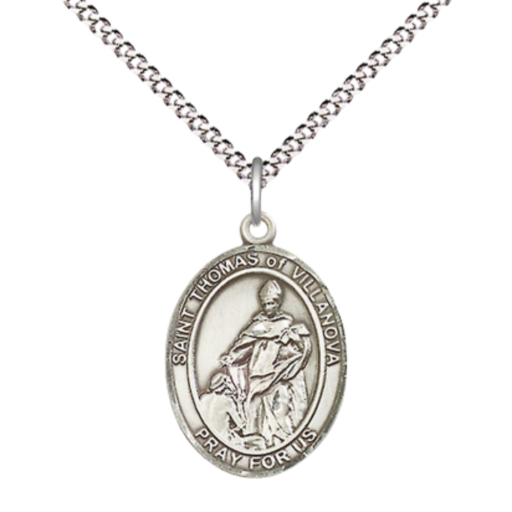 Everlasting Light Jewelry Medium Women's Pewter Saint St. Thomas of Villanova Pendant Necklace on 18- inch Rhodium- Plated Lite Curb Brass Chain – Catholic Religious Medal – Velvet Gift Box Included