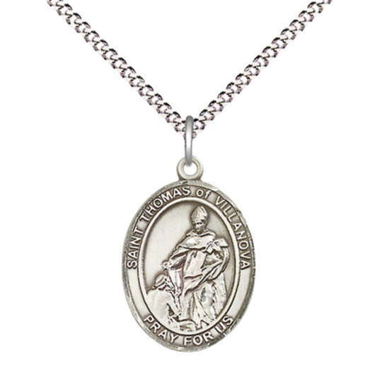 Everlasting Light Jewelry Medium Women's Pewter Saint St. Thomas of Villanova Pendant Necklace on 18- inch Rhodium- Plated Lite Curb Brass Chain – Catholic Religious Medal – Velvet Gift Box Included