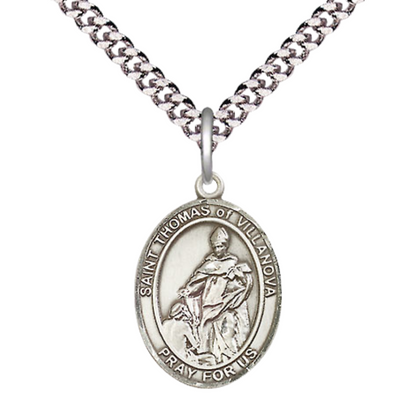 Medium Men's Pewter Saint St. Thomas of Villanova Medal Pendant on 24 Inch Endless Rhodium Plated Heavy Curb Brass Chain, Catholic Religious Necklace - Made in USA- Deluxe Velvet Gift Box