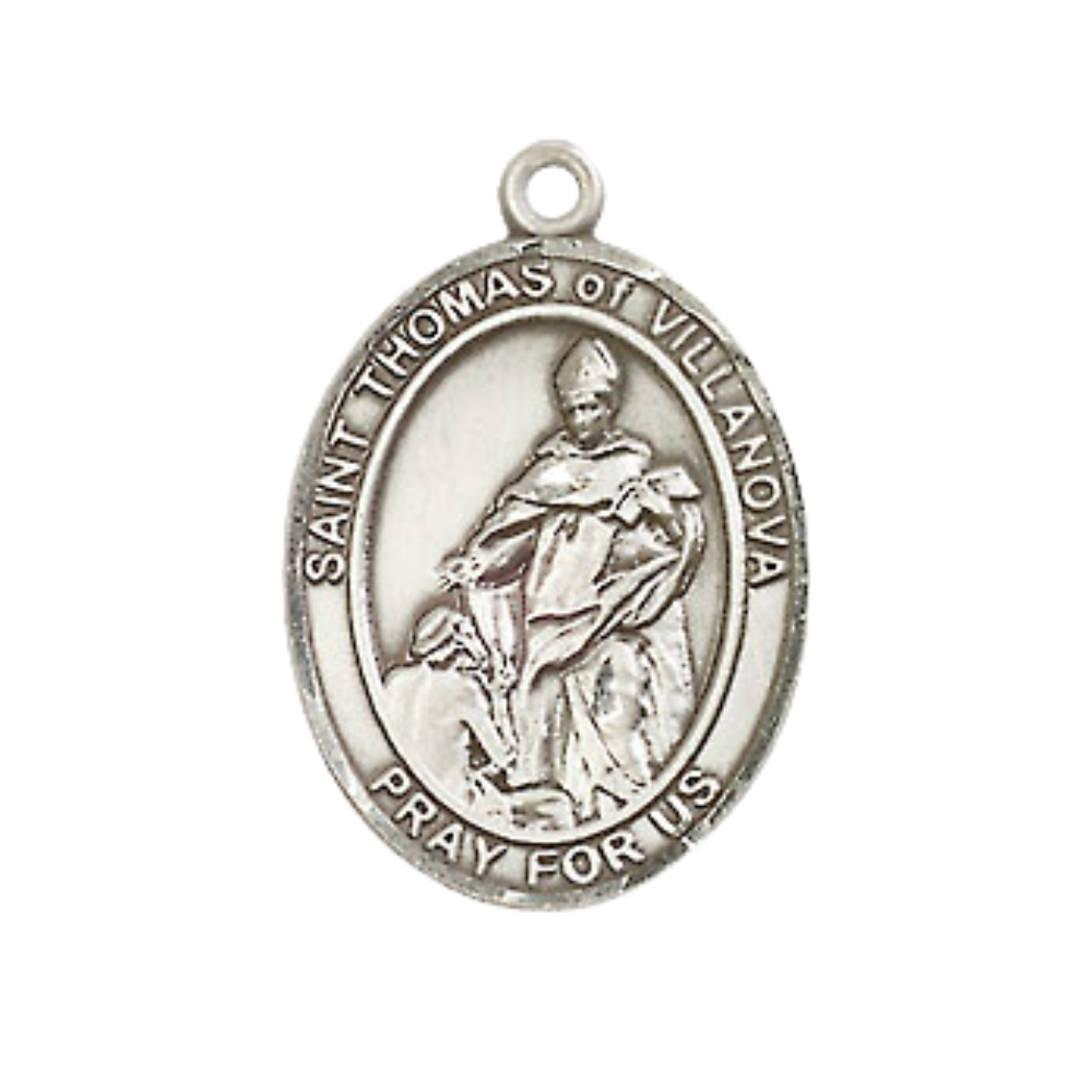 Medium Men's .925 Sterling Silver Saint St. Thomas of Villanova Medal Pendant on 24 Inch Endless Rhodium Plated Heavy Curb Brass Chain, Catholic Religious Necklace - Made in USA- Deluxe Velvet Gift Box