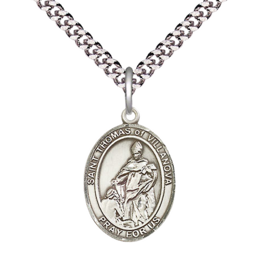 Medium Mens Oval .925 Sterling Silver Saint St. Thomas of Villanova Medal Pendant on 24 Inch Rhodium Plated Heavy Curb Brass Chain w/ Lobster Claw Clasp, Catholic Religious Necklace - Made in USA- Gift Boxed