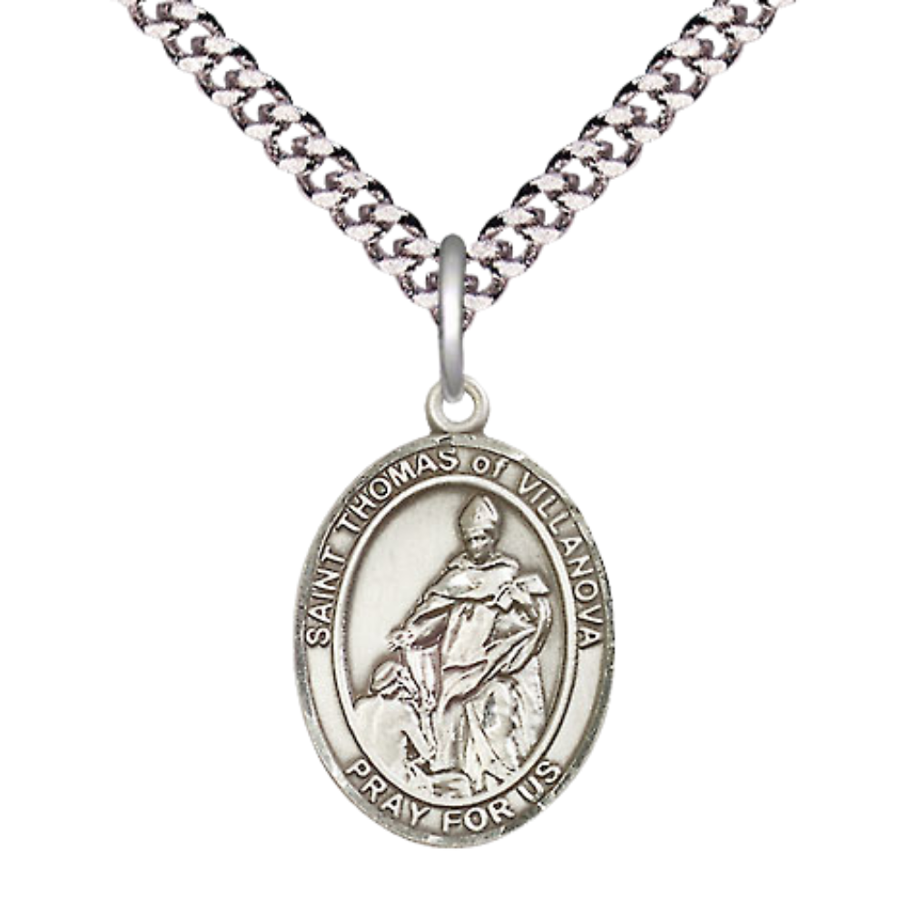Medium Men's .925 Sterling Silver Saint St. Thomas of Villanova Medal Pendant on 24 Inch Endless Rhodium Plated Heavy Curb Brass Chain, Catholic Religious Necklace - Made in USA- Deluxe Velvet Gift Box