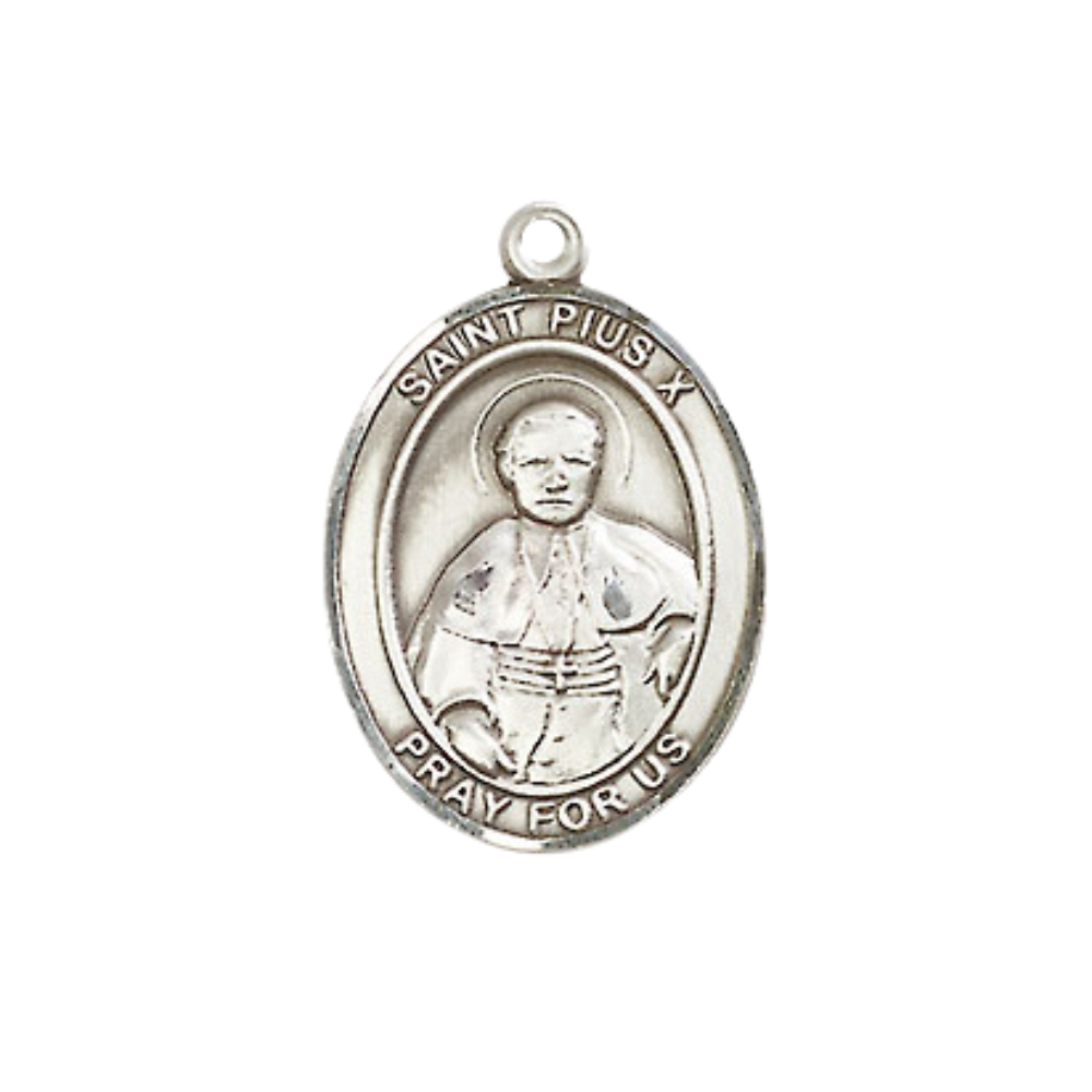 Everlasting Light Jewelry Medium Women's .925 Sterling Silver Saint St. Pius X Pendant Necklace on 18- inch Rhodium- Plated Lite Curb Brass Chain – Patron Saint St. of First Communicants, Catholic Medal – Velvet Gift Box Included