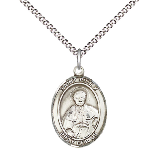 Everlasting Light Jewelry Medium Women's Pewter Saint St. Pius X Pendant Necklace on 18- inch Rhodium- Plated Lite Curb Brass Chain – Catholic Religious Medal – Velvet Gift Box Included