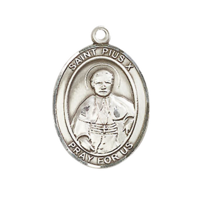 Everlasting Light Jewelry Medium Men's Pewter Saint St. Pius X Medal Pendant on 24 Inch Endless Rhodium Plated Heavy Curb Brass Chain, Catholic Religious Necklace - Made in USA- Deluxe Velvet Gift Box