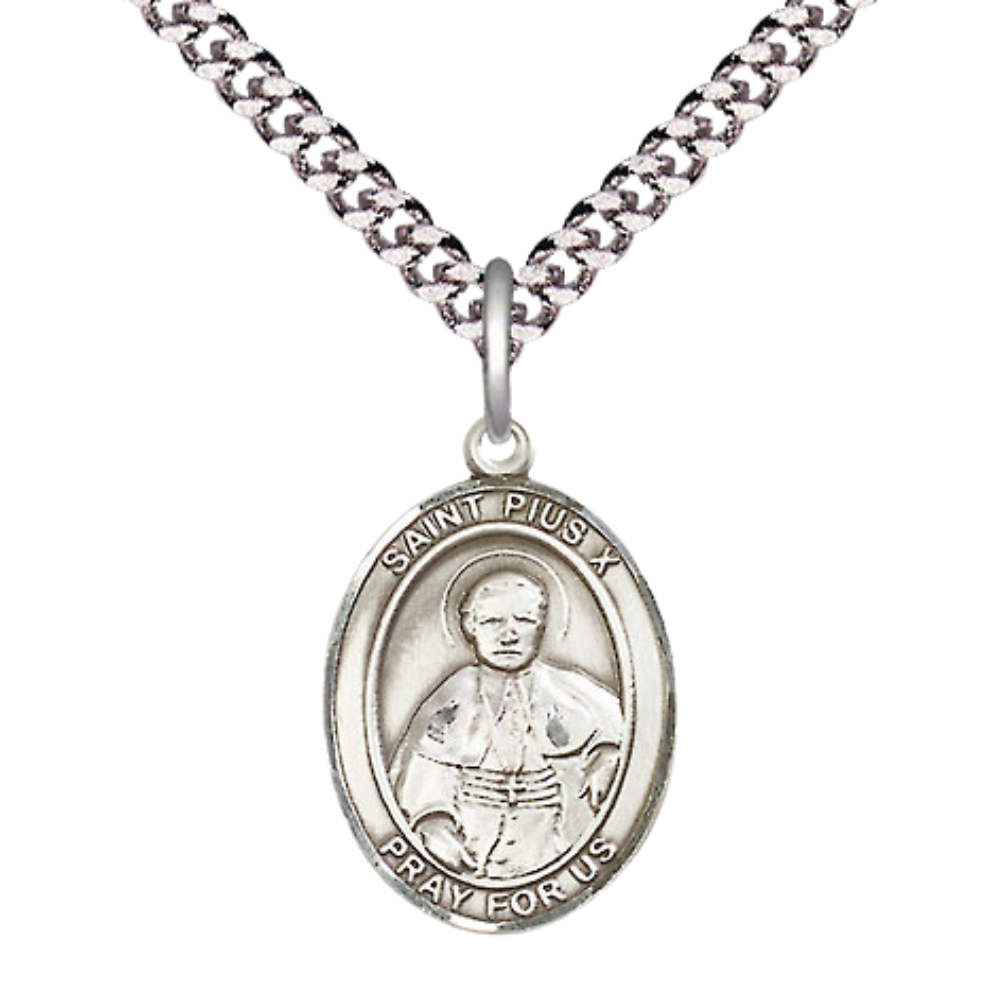Everlasting Light Jewelry Medium Men's Pewter Saint St. Pius X Medal Pendant on 24 Inch Endless Rhodium Plated Heavy Curb Brass Chain, Catholic Religious Necklace - Made in USA- Deluxe Velvet Gift Box