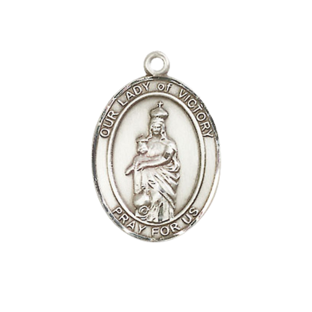 Everlasting Light Jewelry Medium Women's Pewter Our Lady of Victory Pendant Necklace on 18- inch Rhodium- Plated Lite Curb Brass Chain – Catholic Religious Medal – Velvet Gift Box Included