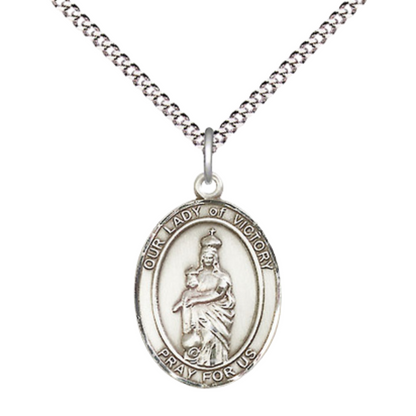 Everlasting Light Jewelry Medium Women's Pewter Our Lady of Victory Pendant Necklace on 18- inch Rhodium- Plated Lite Curb Brass Chain – Catholic Religious Medal – Velvet Gift Box Included