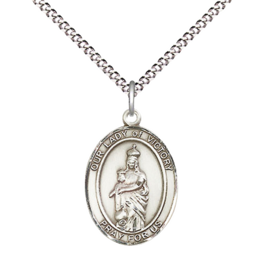 Everlasting Light Jewelry Medium Women's Pewter Our Lady of Victory Pendant Necklace on 18- inch Rhodium- Plated Lite Curb Brass Chain – Catholic Religious Medal – Velvet Gift Box Included