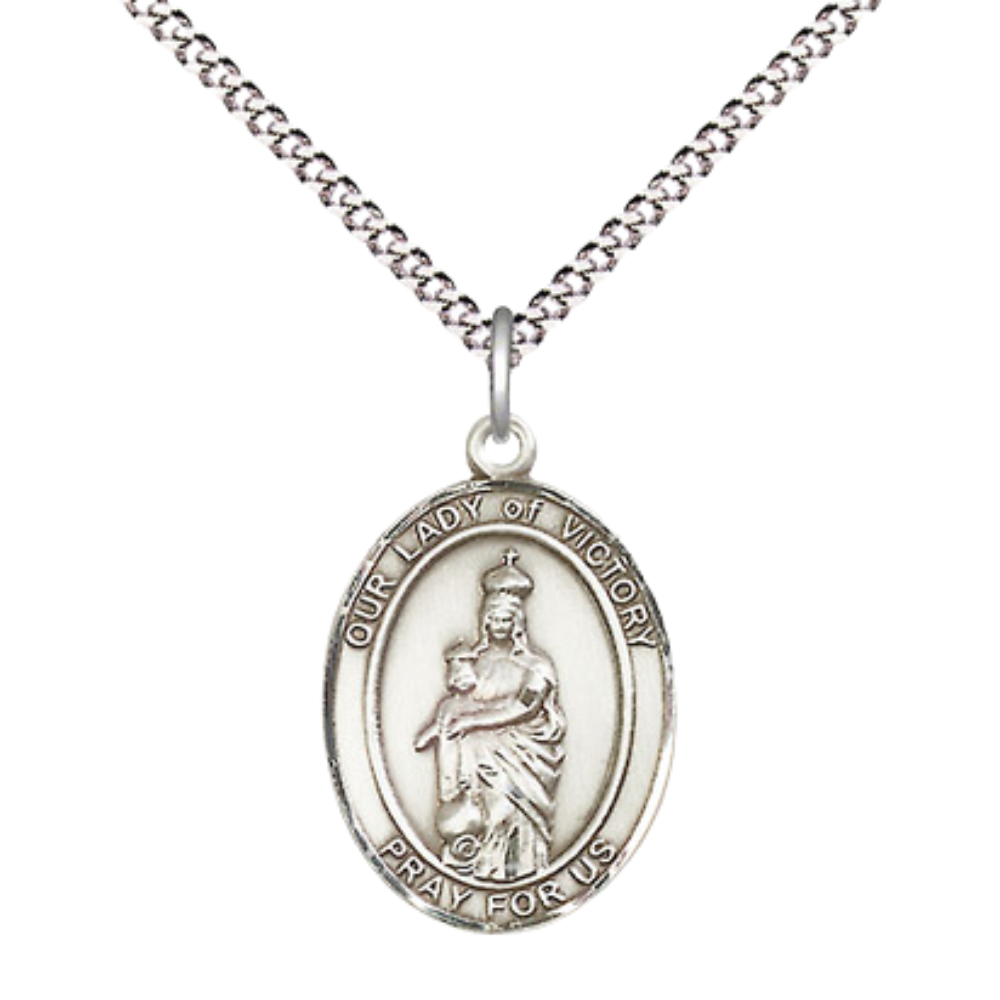 Everlasting Light Jewelry Medium Women's .925 Sterling Silver Our Lady of Victory Pendant Necklace on 18- inch Rhodium- Plated Lite Curb Brass Chain – Our Lady of Victory Medal, Catholic Medal – Velvet Gift Box Included