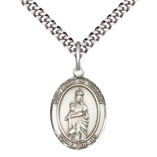 Medium Mens Oval Sterling Silver Our Lady of Victory Medal Pendant on 24" Rhodium Plated Heavy Curb Brass Chain w/ Lobster Claw Clasp, Catholic Religious Necklace -Made in USA-Velvet Gift Box