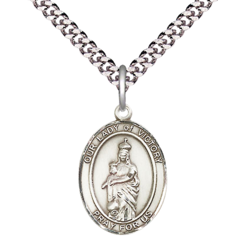 Everlasting Light Jewelry Medium Men's Pewter Our Lady of Victory Medal Pendant on 24 Inch Endless Rhodium Plated Heavy Curb Brass Chain, Catholic Religious Necklace - Made in USA- Deluxe Velvet Gift Box
