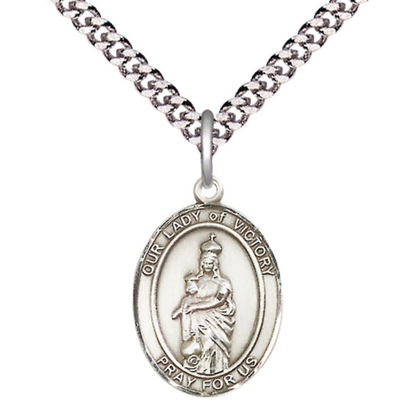 Everlasting Light Jewelry Medium Men's Pewter Our Lady of Victory Medal Pendant on 24 Inch Endless Rhodium Plated Heavy Curb Brass Chain, Catholic Religious Necklace - Made in USA- Deluxe Velvet Gift Box