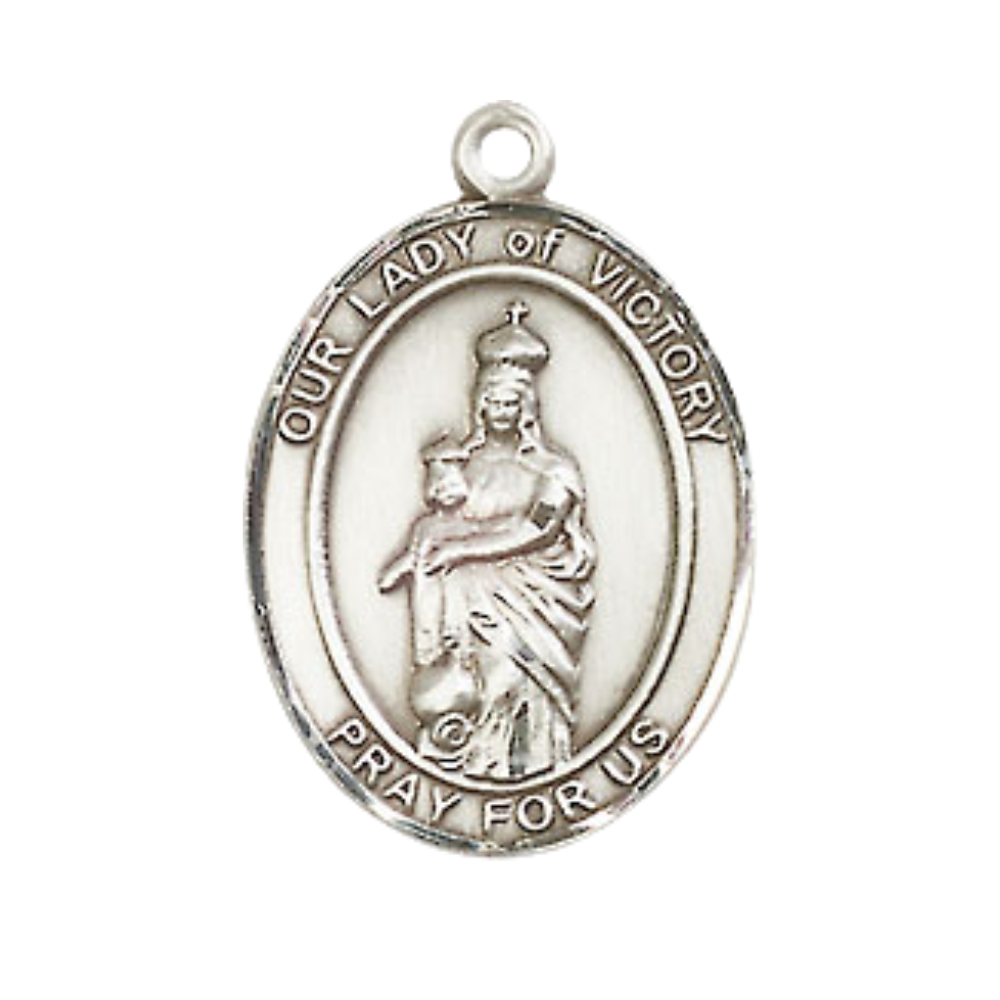 Medium Men's .925 Sterling Silver Our Lady of Victory Medal Pendant on 24 Inch Endless Rhodium Plated Heavy Curb Brass Chain, Catholic Religious Necklace - Made in USA- Deluxe Velvet Gift Box