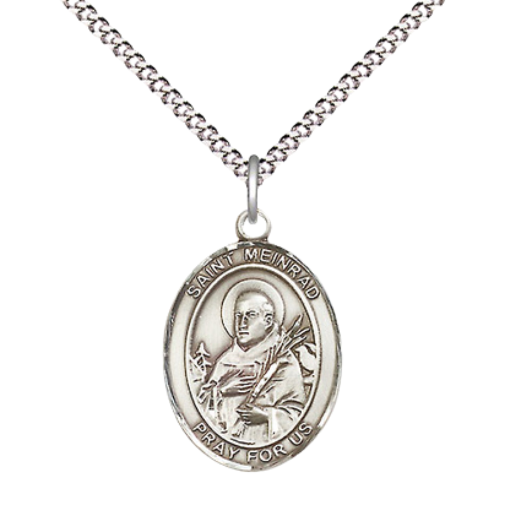 Everlasting Light Jewelry Medium Women's .925 Sterling Silver Saint St. Meinrad of Einsideln Pendant Necklace on 18- inch Rhodium- Plated Lite Curb Brass Chain – Saint St. Meinrad Medal, Catholic Medal – Velvet Gift Box Included