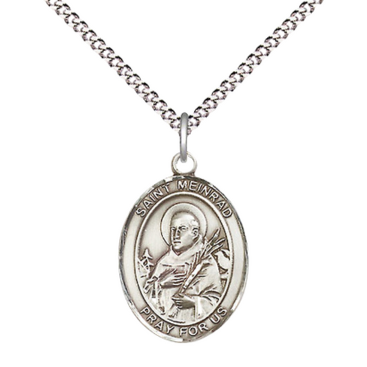 Everlasting Light Jewelry Medium Women's .925 Sterling Silver Saint St. Meinrad of Einsideln Pendant Necklace on 18- inch Rhodium- Plated Lite Curb Brass Chain – Saint St. Meinrad Medal, Catholic Medal – Velvet Gift Box Included
