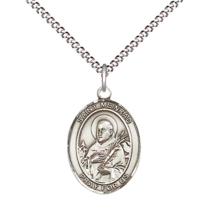 Medium Women's Pewter Saint St. Meinrad of Einsideln Pendant Necklace on 18- inch Rhodium- Plated Lite Curb Brass Chain – Patron Saint St. of Switzerland and Hospitality, Catholic Medal – Velvet Gift Box Included