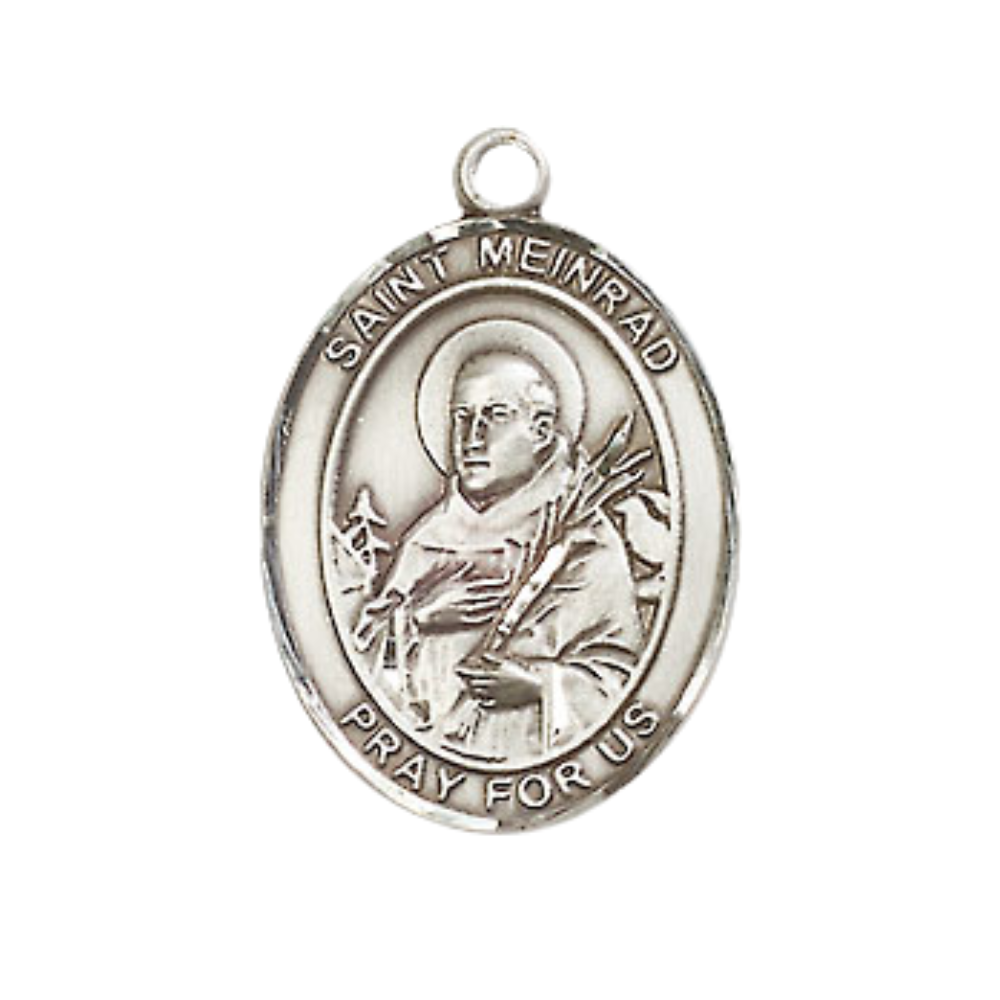 Medium Men's .925 Sterling Silver Saint St. Meinrad of Einsideln Medal Pendant on 24 Inch Endless Rhodium Plated Heavy Curb Brass Chain, Catholic Religious Necklace - Made in USA- Deluxe Velvet Gift Box