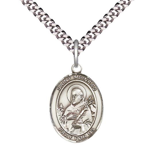 Medium Men's .925 Sterling Silver Saint St. Meinrad of Einsideln Medal Pendant on 24 Inch Endless Rhodium Plated Heavy Curb Brass Chain, Catholic Religious Necklace - Made in USA- Deluxe Velvet Gift Box