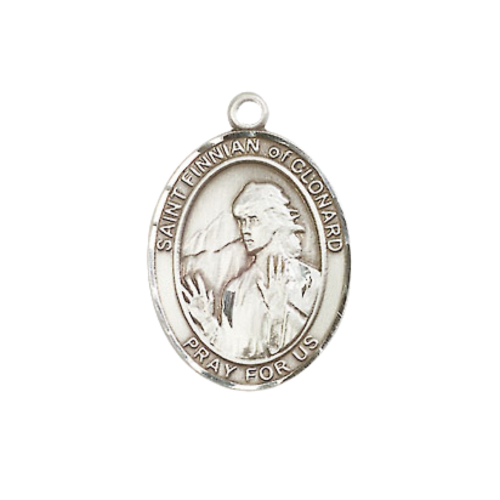 Medium Women's .925 Sterling Silver Saint St. Finnian of Clonard Pendant Necklace on 18- inch Rhodium- Plated Lite Curb Brass Chain – Patron Saint St. of Teaching & Sharing, Catholic Medal – Velvet Gift Box Included