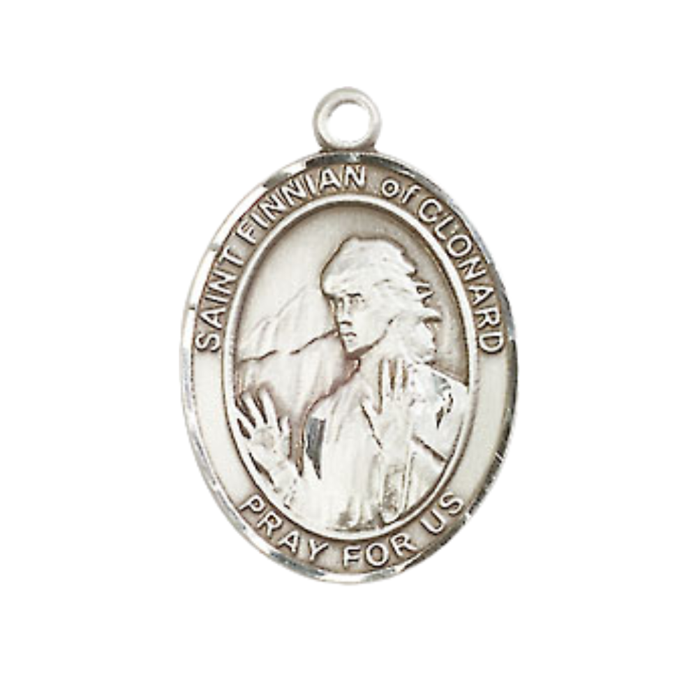 Medium Men's .925 Sterling Silver Saint Finnian of Clonard Medal Pendant on 24 Inch Endless Rhodium Plated Heavy Curb Brass Chain, Catholic Religious Necklace -Made in USA- Deluxe Velvet Gift Box